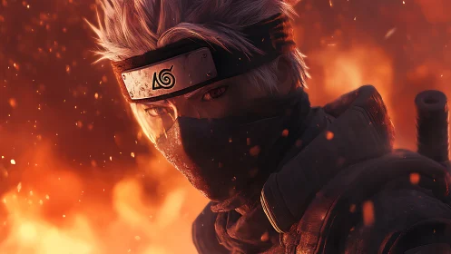 Masked silver-haired ninja framed by blazing orange embers.