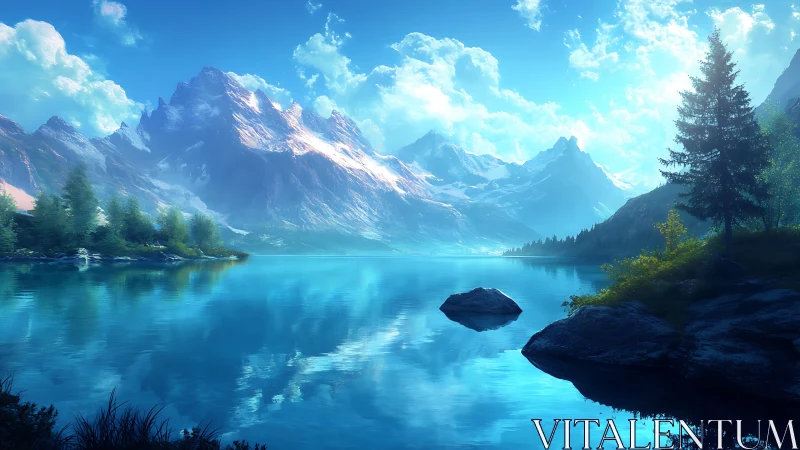 Crystal morning over calm turquoise mountain lake dreamscape.