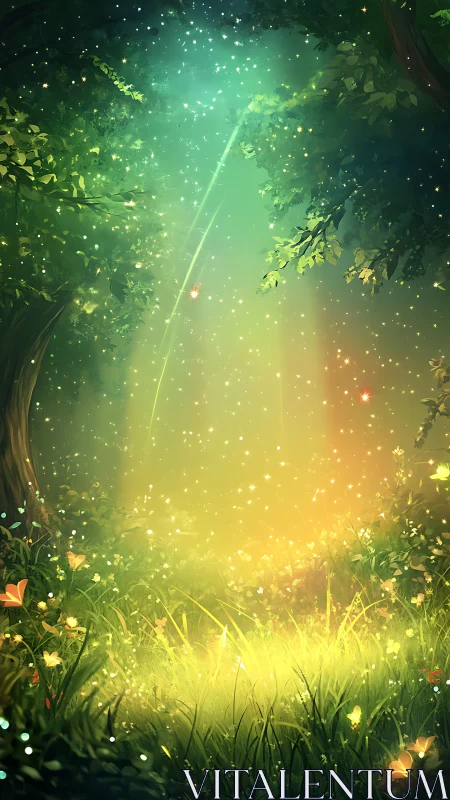 Enchanted forest clearing shimmers in golden and emerald light