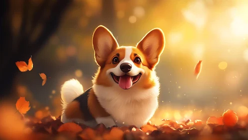 Happy corgi dog in bright autumn leaves outdoors scene.