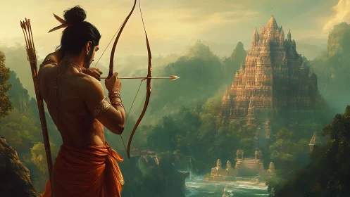 Warrior archer poised before a misty golden temple realm.