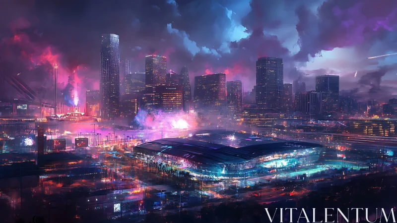 Neon storm envelops futuristic city skyline in electric dusk glow