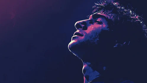 Neon-lit reverie catches a lone singer in electric stillness.