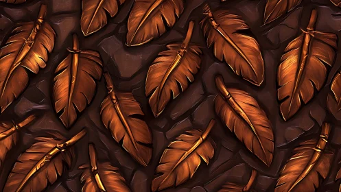 Copper feather pattern over dark stone relief background.