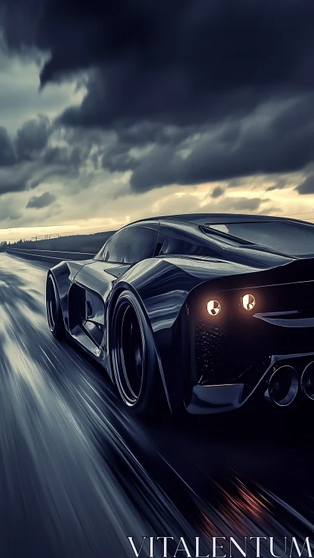 Aerodynamic hypercar sprints on wet roadway under storm-heavy sky