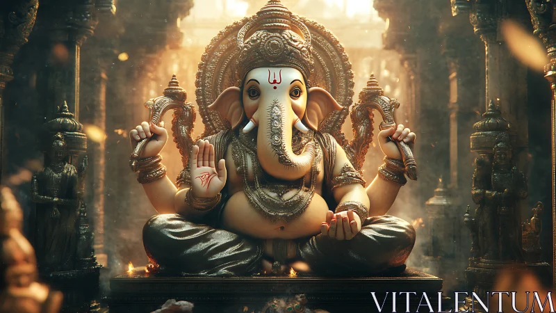 Serene Ganesha in ember-lit temple haze of sacred stillness.