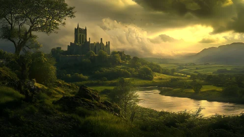 Medieval hilltop castle overlooks river under storm light