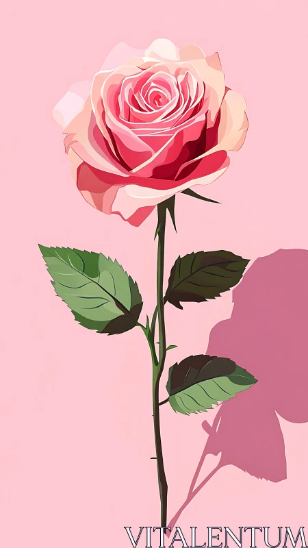 Red Rose on Pink Background with Green Leaves.