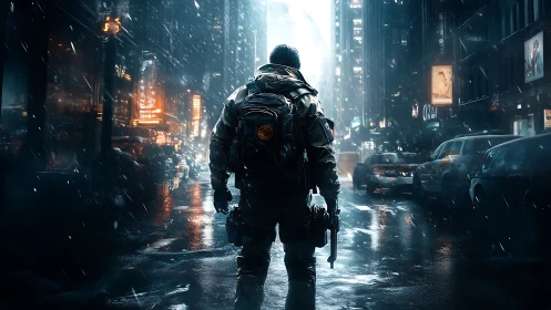 Lone urban sentinel stalks neon rain in a sleepless street war