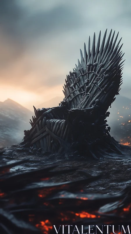 Sword-forged throne rising over scorched volcanic terrain.