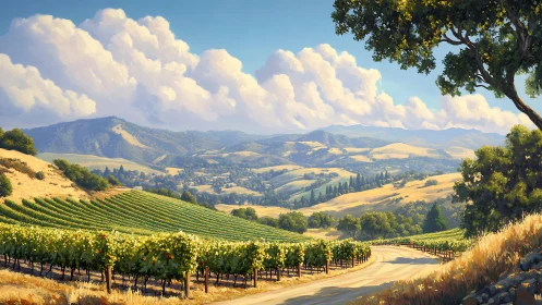Sunlit vineyard valley rendered in high-detail digital painting