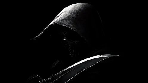 Hooded skeletal warrior holds curved blade in deep shadow