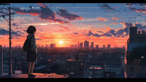 Solitary schoolgirl watches blazing sunset over dense cityscape