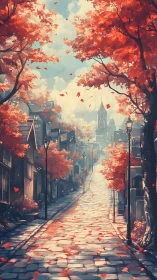 Autumn stone street ascends toward distant tower in soft haze