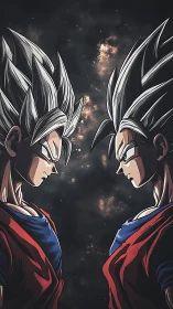 Symmetrical anime duel composition shows mirrored silver-haired warriors