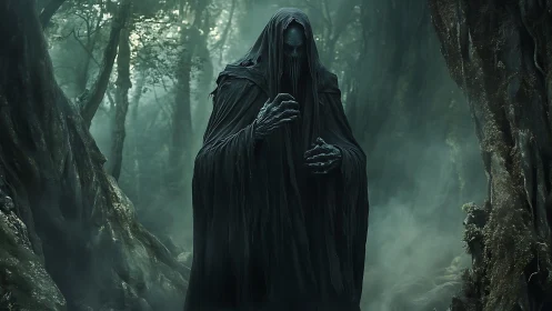 Shadowed forest wraith pausing in a hush of green mist.