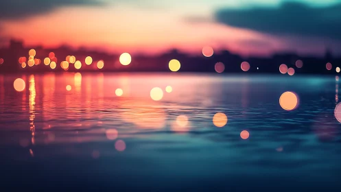 Colorful city lights reflected on calm water at dusk.