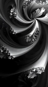 Monochrome helical fractal cascade with recursive feathered filaments.