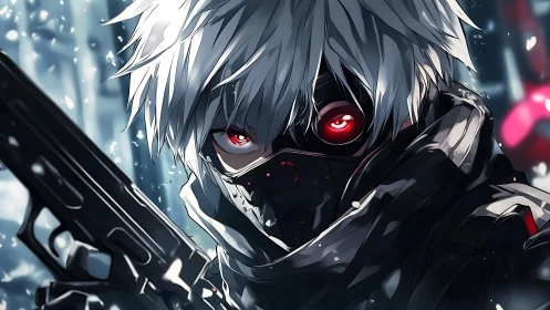 Masked white haired anime gunman with glowing red eyes