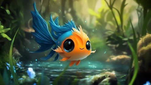 Cute fantasy goldfish swims through a glowing forest pond