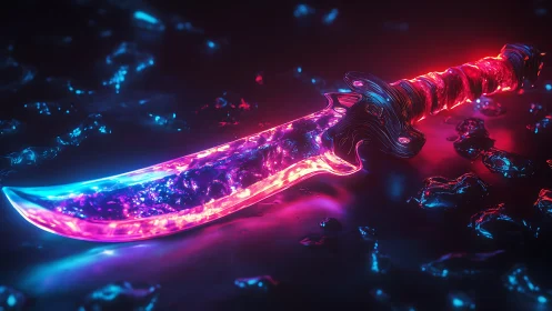 Neon energy sword on wet reflective surface at night.