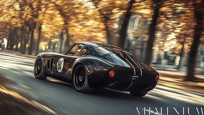 Sleek black race car speeds through sunlit autumn avenue.
