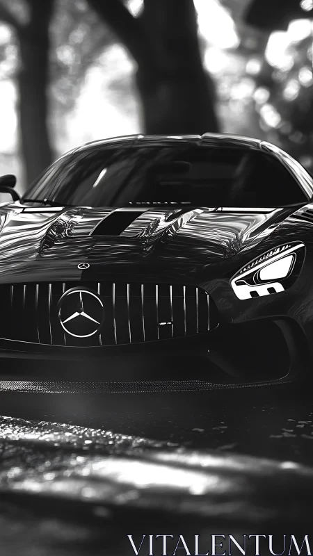 Midnight gloss on a poised Mercedes sports car front.