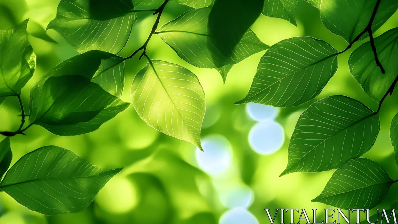 Sunlit green leaves glow against a soft bokeh forest backdrop.