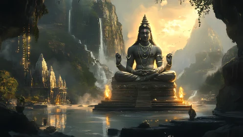 Riverlit stone deity in misty canyon of waterfalls and fire.