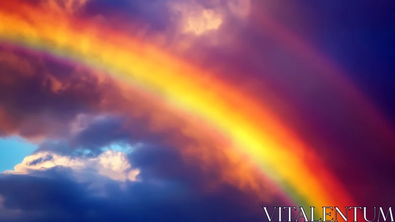 Vivid rainbow arcs through storm clouds in glowing light.