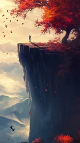 Solitary figure on autumn cliff above cloud sea at sunrise