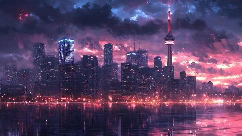 Neon dusk skyline over reflective harbor with tower glow.