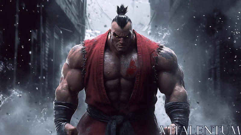 Muscular martial artist in tattered red gi on urban street.