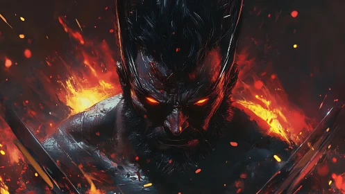 Infernal warrior portrait with molten eyes and flames.