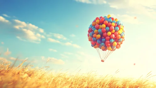 Color balloon cluster drifting over golden wheat field.