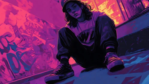 Neon lit skater rests in graffiti alleyway at twilight