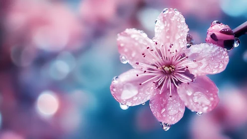 Pink Flower with Dew Drops in Macro Detail.