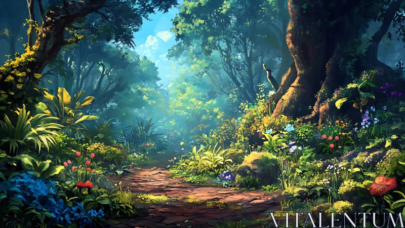 Luminescent Arboreal Canopy: Chromatic Forest Interior with Verdant Pathway.