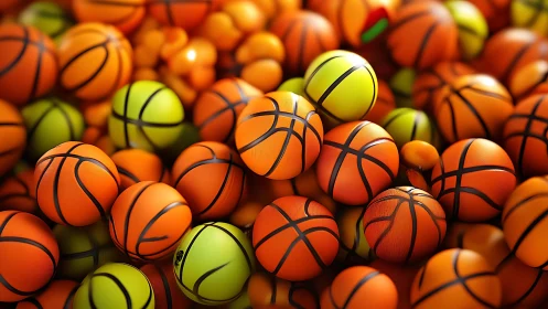 Dense cluster of textured basketballs rendered with shallow depth of field
