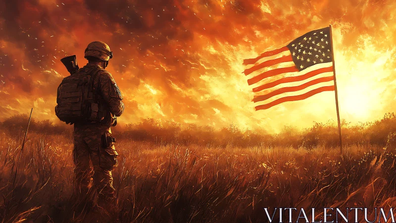Solitary soldier studies American flag at burning sunset.