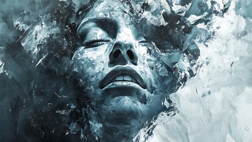 Frozen human face emerges through fractured icy abstraction