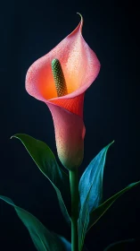 Pink calla lily with green spadix and foliage against dark background.