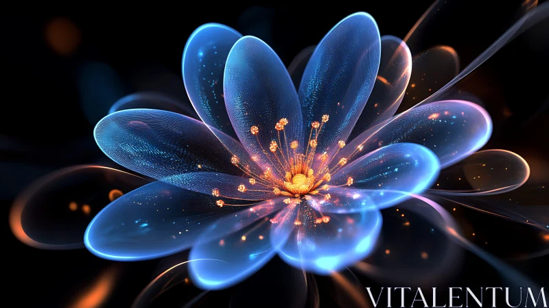 Luminous glass flower radiates neon blue and amber light
