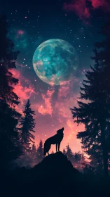 Lone wolf silhouette howls beneath a glowing cosmic moon