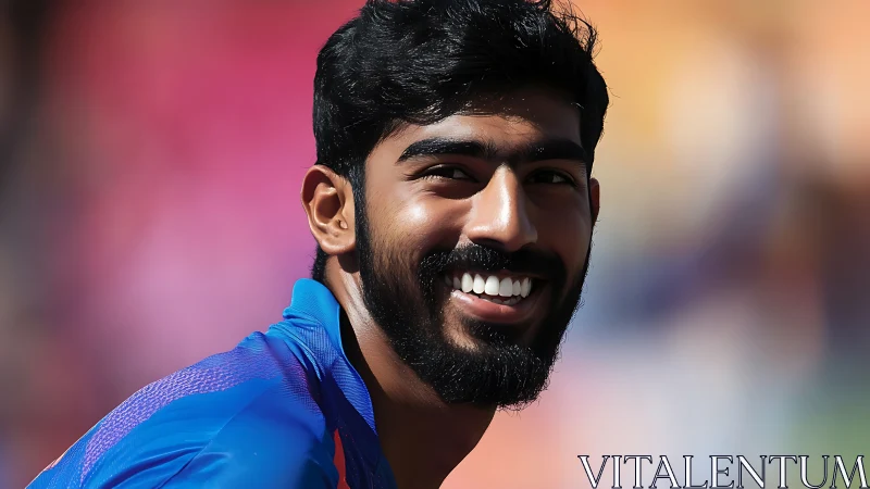 Smiling cricket athlete in blue jersey under soft stadium light