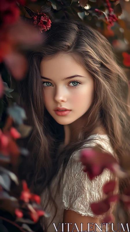 Young girl portrait framed by red foliage in soft focus