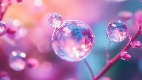 Macro droplets suspend on floral stems in neon bokeh light