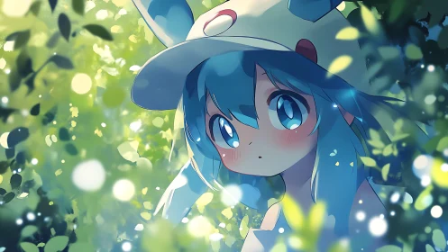 Blue haired anime girl in dappled forest light, cap, bokeh glow