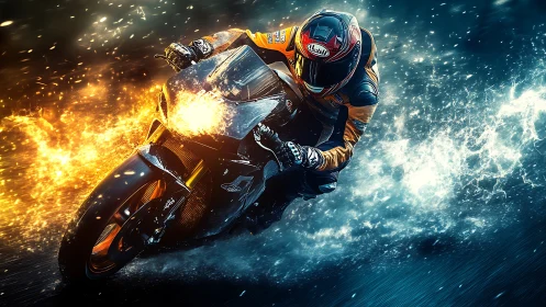 Motorcyclist leans into turn with stylized fire and water effects