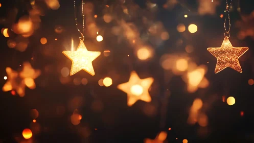Glowing star ornaments suspended in warm festive bokeh.